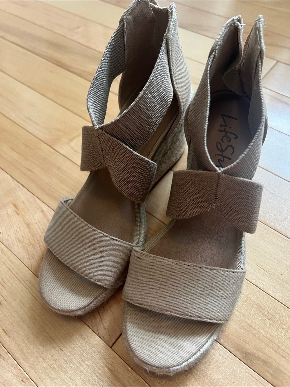 Life Stride Taupe Linen Bow Espadrille Wedge Sandals